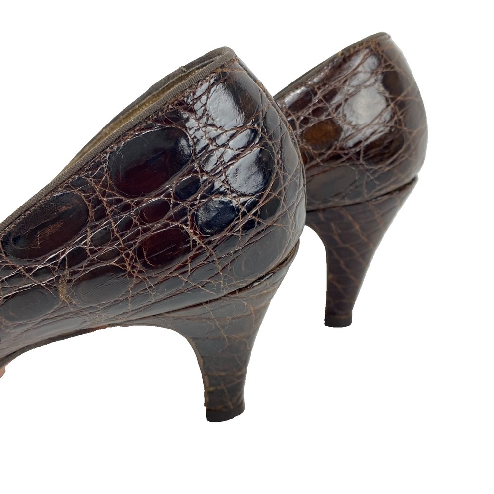Luxury Leather Pumps Women's 6.5 Brown Croc Embossed All Leather Kitten Heels 37 - Picture 4 of 9